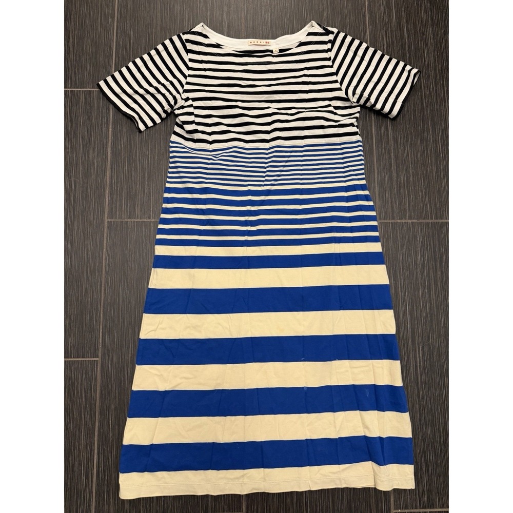 Uniqlo X Marni Womens Sz M Blue Striped Midi Tee Shirt Border Dress Shift
